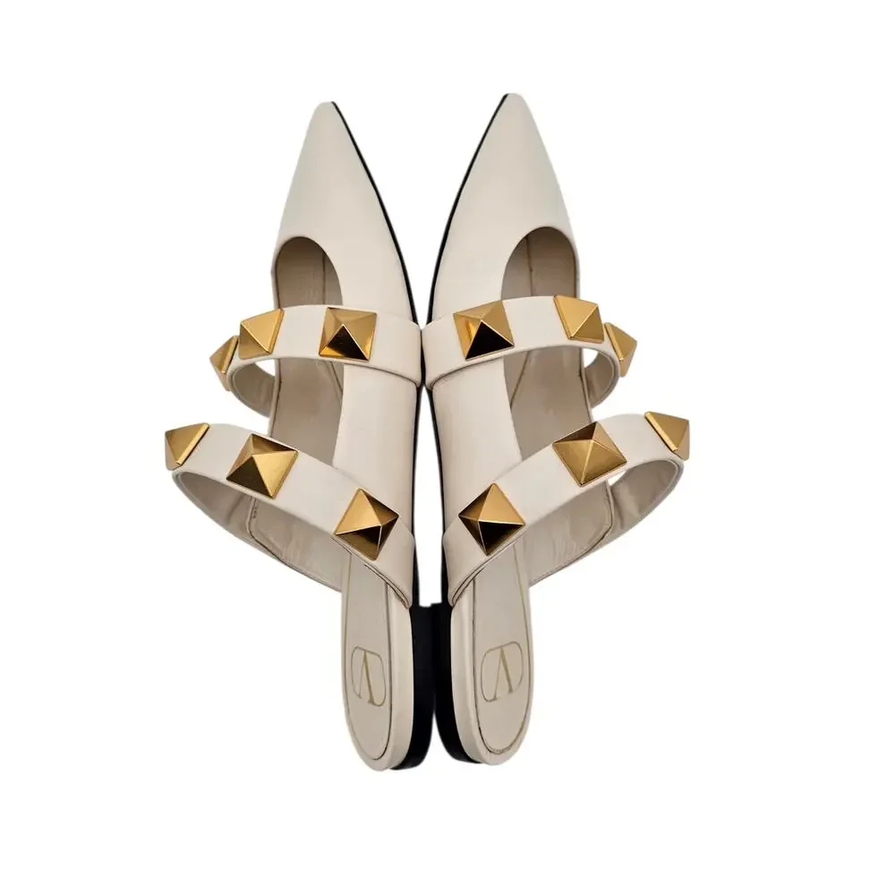 Valentino Garavani Roman Stud Flat Cage Mule Slide White Leather Gold Size 39 9